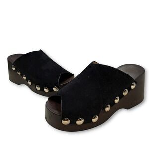 Ganni Black Suede Studded Wood Platform Clogs Mules Women's 41 (US 11)